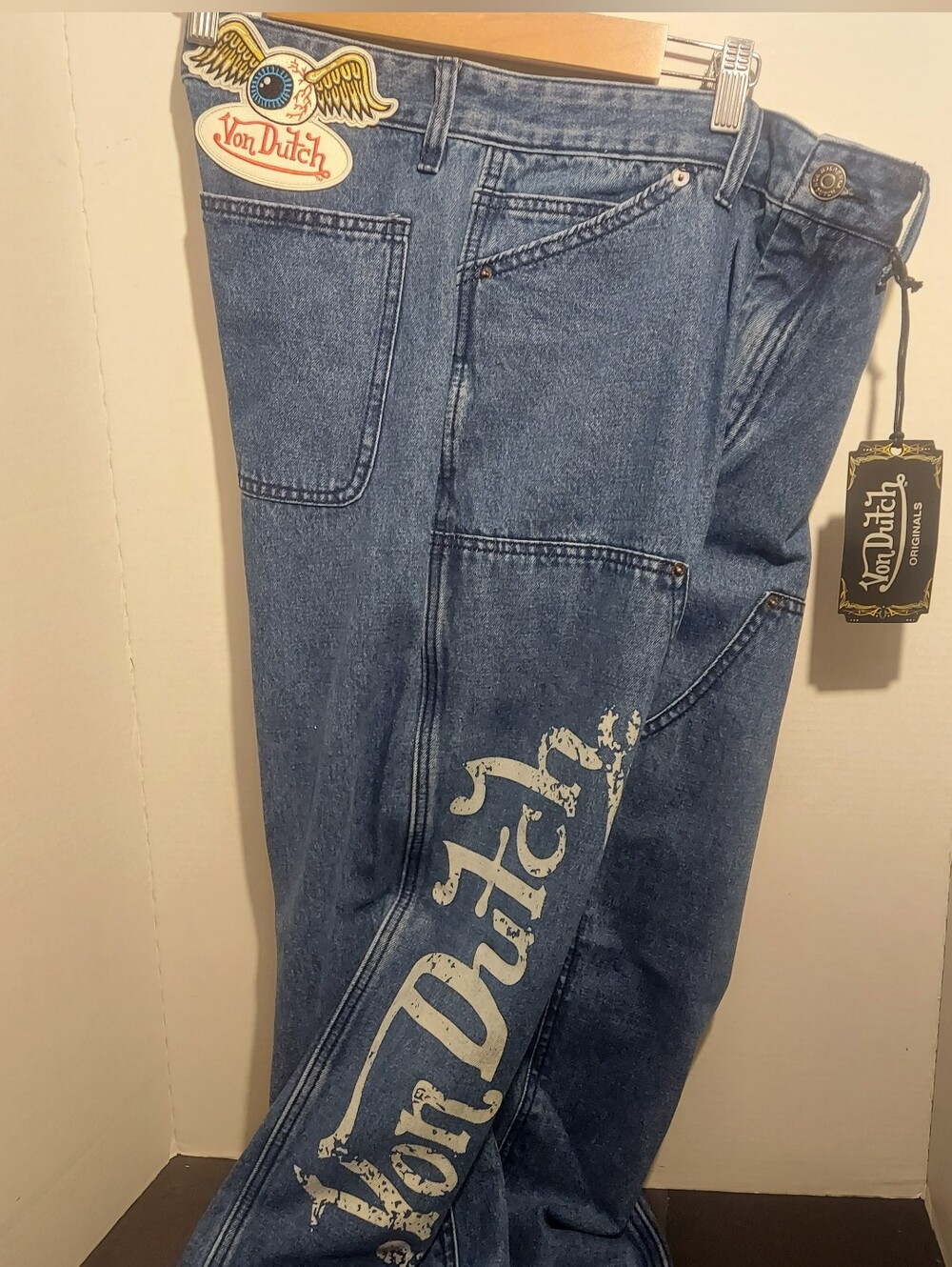 Von Dutch Double Knee Carpenter Jeans Y2K Inspired Flying Eye Balls Frosted Logo